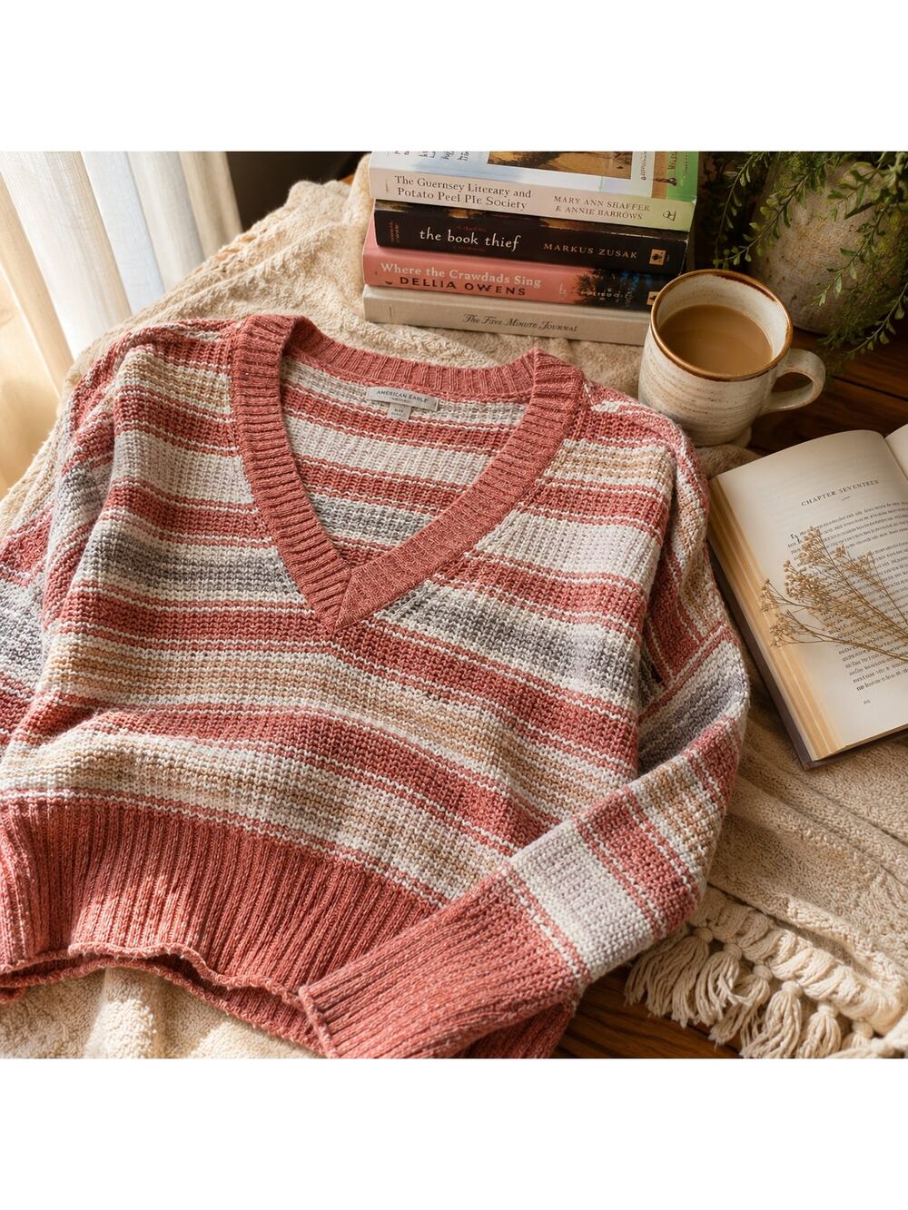 American Eagle Pink Striped V-Neck Lightweight Knit Sweater M